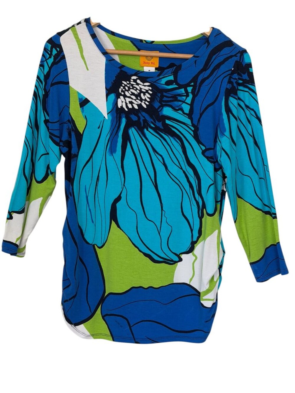 Ruby Rd. Bold Abstract Tropical Floral 3/4 Sleeve Ruched Sides Top Blue/Green M